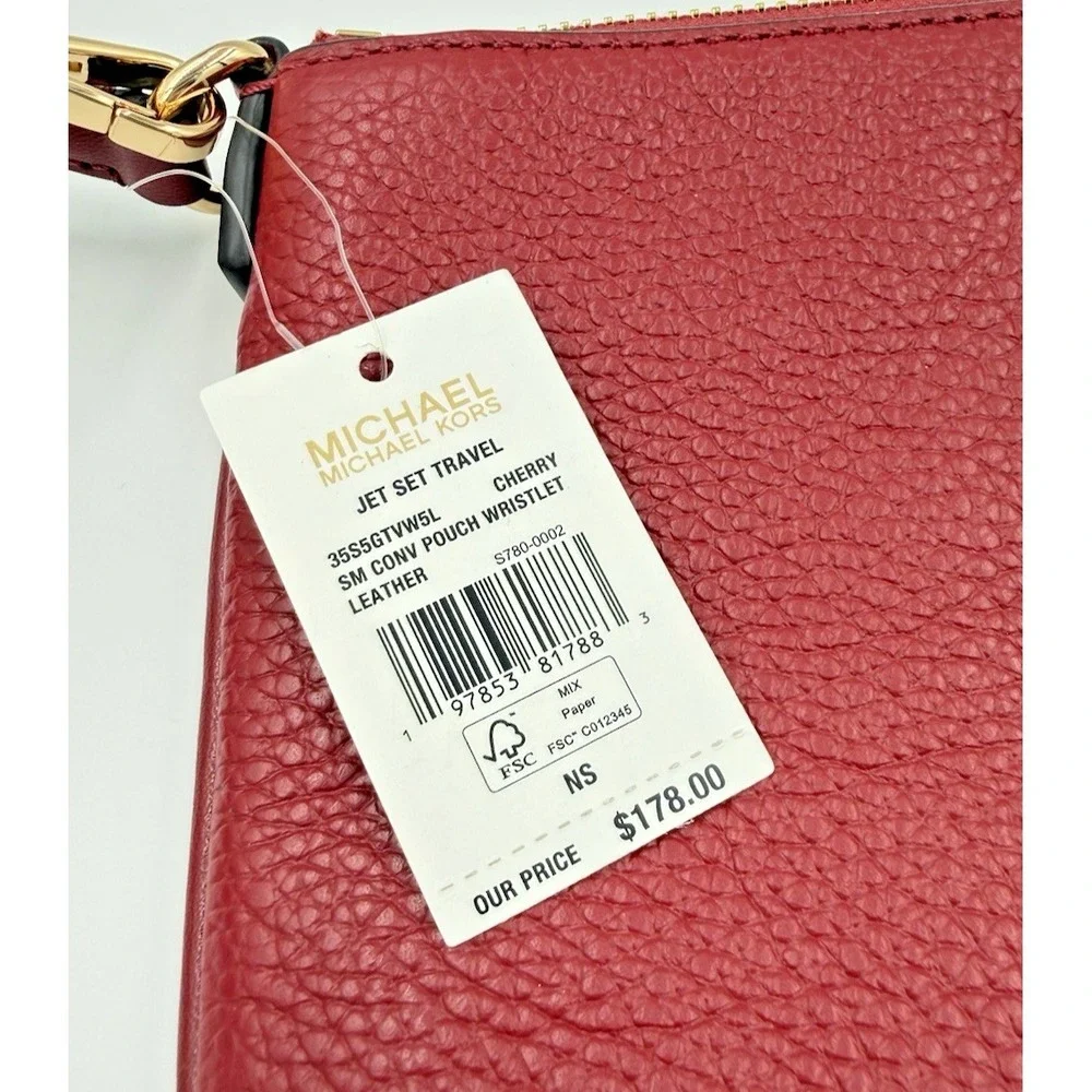 Michael Kors Jet Set Small Convertible Wristlet Pebbled Leather Cherry Red NWT‎
